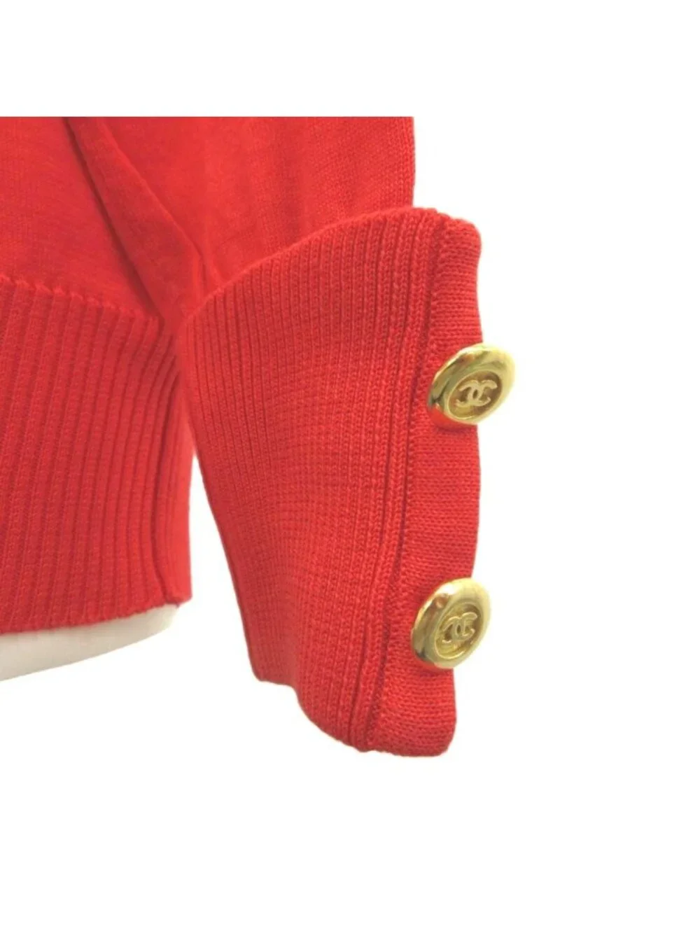 Chanel Pullover Knit Red CC Logo Button Top Long Sleeve Sweater 38